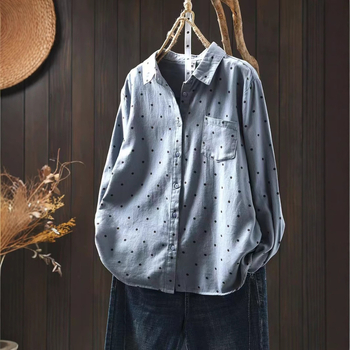 Памучна риза с полка точки, свободна кройка, дълги ръкави, квадратно деколте, есен 2024