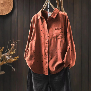 Памучна риза с полка точки, свободна кройка, дълги ръкави, квадратно деколте, есен 2024