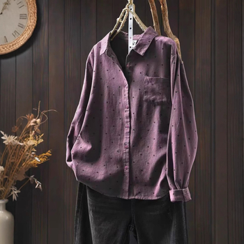 Памучна риза с полка точки, свободна кройка, дълги ръкави, квадратно деколте, есен 2024