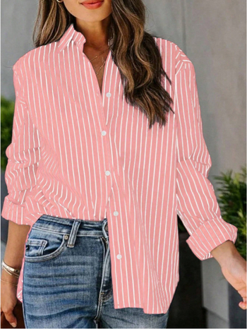 Γυναικείο ριγέ πουκάμισο με μακριά μανίκια, πολυεστέρας, χαλαρή εφαρμογή, γιακάς τύπου πέτο