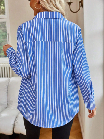 Γυναικείο ριγέ πουκάμισο με μακριά μανίκια, πολυεστέρας, χαλαρή εφαρμογή, γιακάς τύπου πέτο