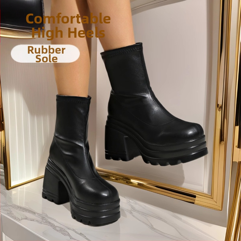 Γυναικείες κοντές μπότες με φαρδύ τακούνι και στρογγυλή μύτη, PU άνω μέρος και PU σόλα, ύψος τακουνιού 6–8 cm, μόδα για όλες τις εποχές