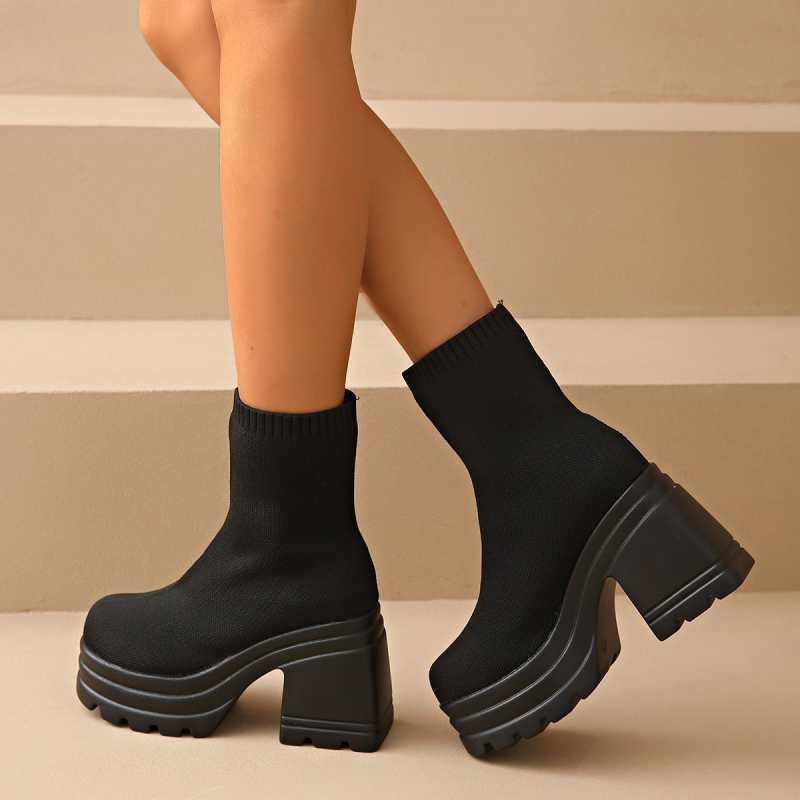 Γυναικείες κοντές μπότες με φαρδύ τακούνι και στρογγυλή μύτη, PU άνω μέρος και PU σόλα, ύψος τακουνιού 6–8 cm, μόδα για όλες τις εποχές