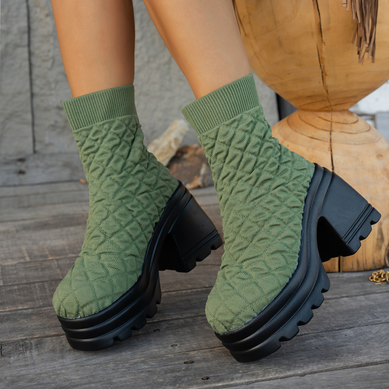 Γυναικείες κοντές μπότες με φαρδύ τακούνι και στρογγυλή μύτη, PU άνω μέρος και PU σόλα, ύψος τακουνιού 6–8 cm, μόδα για όλες τις εποχές