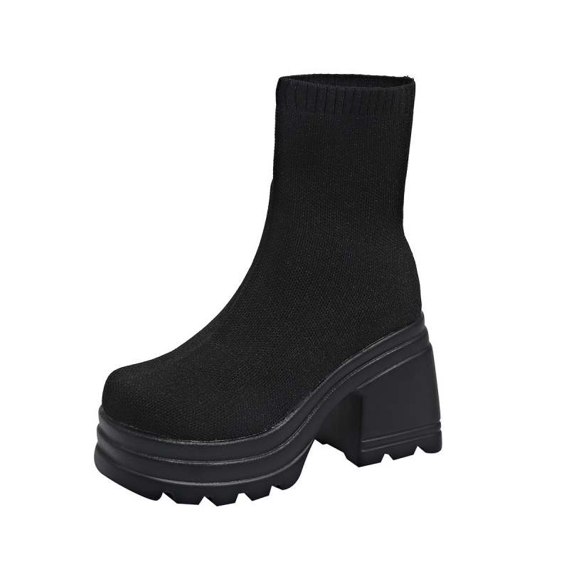 Γυναικείες κοντές μπότες με φαρδύ τακούνι και στρογγυλή μύτη, PU άνω μέρος και PU σόλα, ύψος τακουνιού 6–8 cm, μόδα για όλες τις εποχές