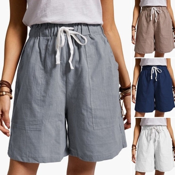 Pantaloni scurți pentru femei din bumbac și in, talie elastică, croială lejeră, buzunare, vară casual