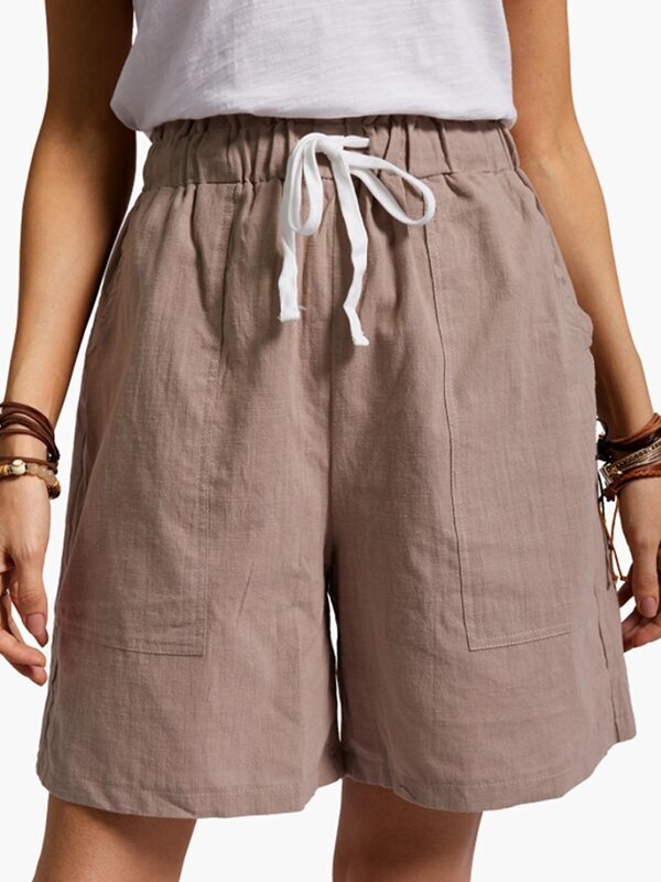 Pantaloni scurți pentru femei din bumbac și in, talie elastică, croială lejeră, buzunare, vară casual