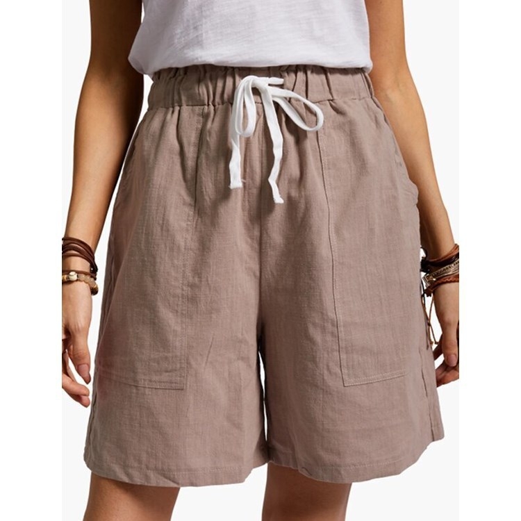 Pantaloni scurți pentru femei din bumbac și in, talie elastică, croială lejeră, buzunare, vară casual