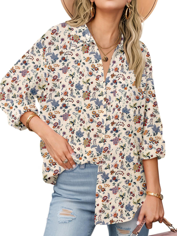 Риза от ленено-полиестерова смес с еластан, флорална шарка, дълги ръкави, яка тип лафел, едноредово закопчаване, свободен силует