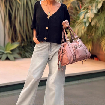 Πλεκτό καρντιγάν με V-λαιμό, χαλαρή γραμμή, μανίκια ήμιμήκους, μίξη πολυεστέρα-σπαντέξ