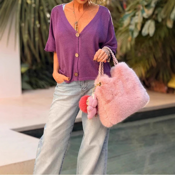 Πλεκτό καρντιγάν με V-λαιμό, χαλαρή γραμμή, μανίκια ήμιμήκους, μίξη πολυεστέρα-σπαντέξ