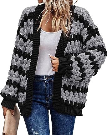 Cardigan lejer cu mâneci în formă de lantern, model pe dungă în armonie de nuanțe, amestec acril-spandex, grosime medie, fără guler, tricot cu model răsucit floral