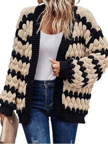 Cardigan lejer cu mâneci în formă de lantern, model pe dungă în armonie de nuanțe, amestec acril-spandex, grosime medie, fără guler, tricot cu model răsucit floral