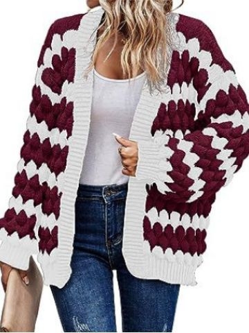 Cardigan lejer cu mâneci în formă de lantern, model pe dungă în armonie de nuanțe, amestec acril-spandex, grosime medie, fără guler, tricot cu model răsucit floral