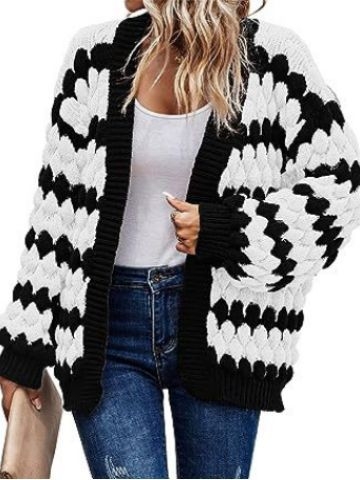 Cardigan lejer cu mâneci în formă de lantern, model pe dungă în armonie de nuanțe, amestec acril-spandex, grosime medie, fără guler, tricot cu model răsucit floral