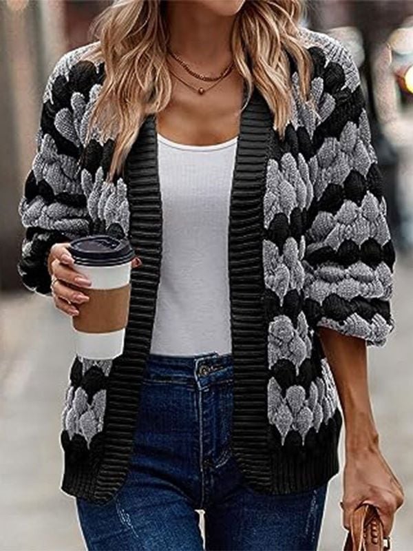 Cardigan lejer cu mâneci în formă de lantern, model pe dungă în armonie de nuanțe, amestec acril-spandex, grosime medie, fără guler, tricot cu model răsucit floral