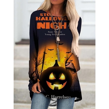 Γυναικεία Halloween μπλούζα με 3D εκτύπωση, μακρύ μανίκι, στρογγυλός λαιμός, χαλαρή γραμμή, πολυεστέρας 95%+