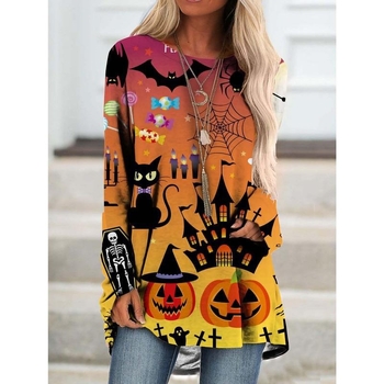 Γυναικεία Halloween μπλούζα με 3D εκτύπωση, μακρύ μανίκι, στρογγυλός λαιμός, χαλαρή γραμμή, πολυεστέρας 95%+