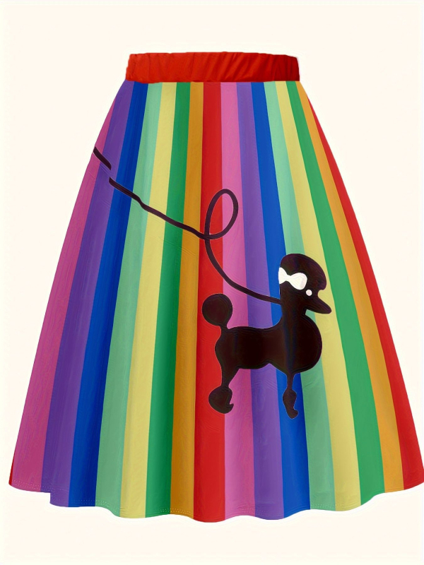 Suknja tipa kišobran s otisom pudla, 70–80% poliestera, srednja duljina, jesen 2024, svjež i sladak stil
