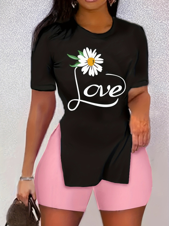 Σετ δύο τεμαχίων για γυναίκες: εκτυπωμένη κοντομάνικη μπλούζα με σορτς; πολυεστέρας ύφασμα; βασικό περιεχόμενο πολυεστερας 50–70%; στυλ street hipster; σετ παντελόνι; Καλοκαίρι 2024