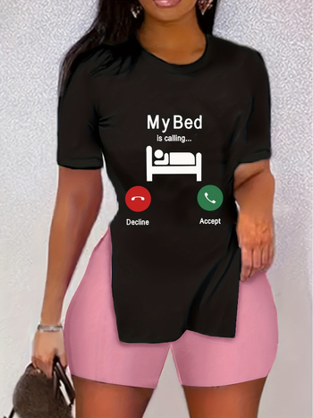 Σετ δύο τεμαχίων για γυναίκες: εκτυπωμένη κοντομάνικη μπλούζα με σορτς; πολυεστέρας ύφασμα; βασικό περιεχόμενο πολυεστερας 50–70%; στυλ street hipster; σετ παντελόνι; Καλοκαίρι 2024