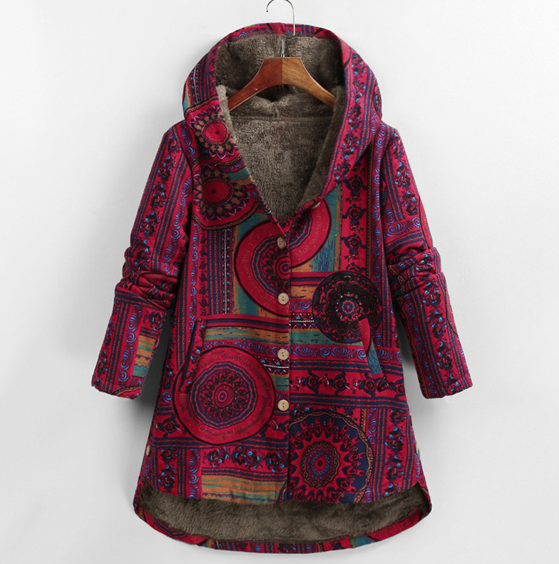 Moteriškas medvilnės-linų išsiuvinėtas kapucinis švarkas, laisvas kirpimas, vidutinio ilgio