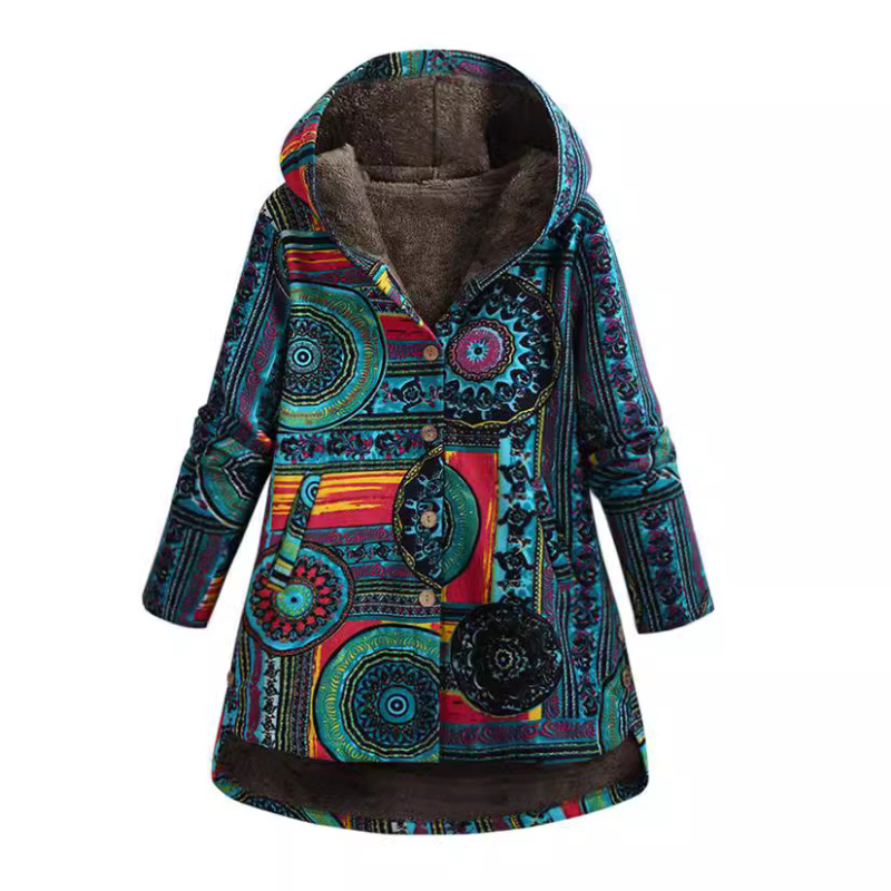 Moteriškas medvilnės-linų išsiuvinėtas kapucinis švarkas, laisvas kirpimas, vidutinio ilgio