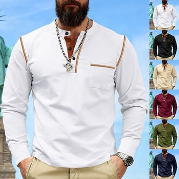 Muška Henley majica s dugim rukavima, stojeći ovratnik, materijal koji odvodi vlagu iz poliesterske smjese