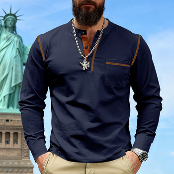 Ανδρικό Henley T-shirt με μακριά μανίκια, σταθερός γιακά, απομάκρυνση υγρασίας από πολυεστερικό μείγμα