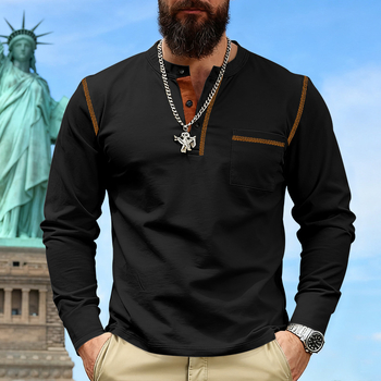 Ανδρικό Henley T-shirt με μακριά μανίκια, σταθερός γιακά, απομάκρυνση υγρασίας από πολυεστερικό μείγμα