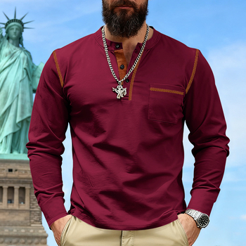 Ανδρικό Henley T-shirt με μακριά μανίκια, σταθερός γιακά, απομάκρυνση υγρασίας από πολυεστερικό μείγμα
