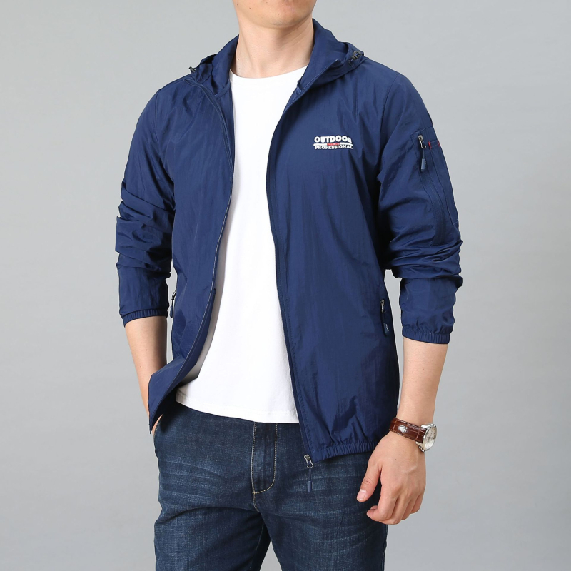 Мъжко леко слънцезащитно яке за лято, с качулка, свободен крой, найлонова материя, джобове с цип, спортен стил