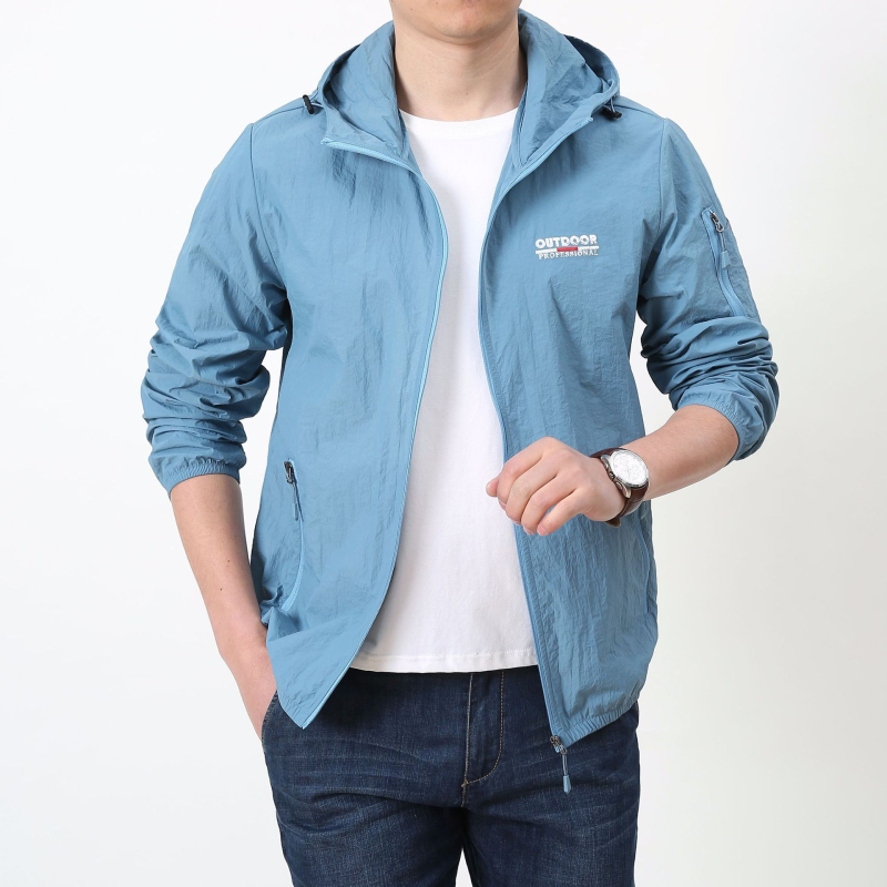 Мъжко леко слънцезащитно яке за лято, с качулка, свободен крой, найлонова материя, джобове с цип, спортен стил