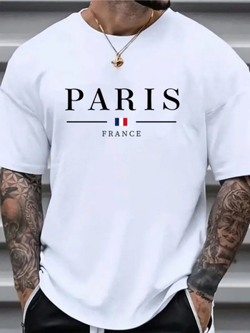 Ανδρικό T‑shirt από βαμβάκι με εκτύπωση σημαίας του Παρισιού, στρογγυλή λαιμόκοψη, κοντά μανίκια, χαλαρή γραμμή