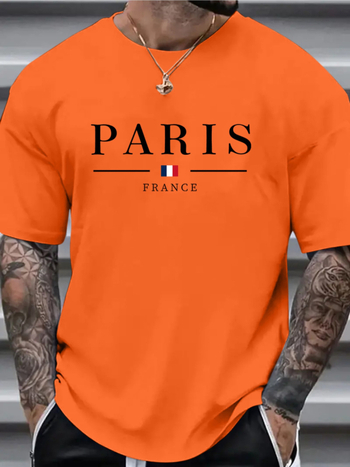 Ανδρικό T‑shirt από βαμβάκι με εκτύπωση σημαίας του Παρισιού, στρογγυλή λαιμόκοψη, κοντά μανίκια, χαλαρή γραμμή