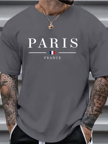 Ανδρικό T‑shirt από βαμβάκι με εκτύπωση σημαίας του Παρισιού, στρογγυλή λαιμόκοψη, κοντά μανίκια, χαλαρή γραμμή