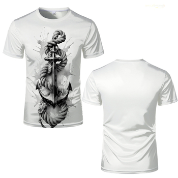 Ανδρικό T‑shirt με μοτίβο αγκίστρι, 3D ψηφιακή εκτύπωση, κοντά μανίκια, στρογγυλός λαιμός, πολυεστερικό δίχτυ