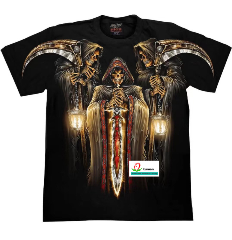 Férfi laza szabású környakú rövid ujjú póló, 3D démon-totem mintával, poliészter anyag, nyár 2024.