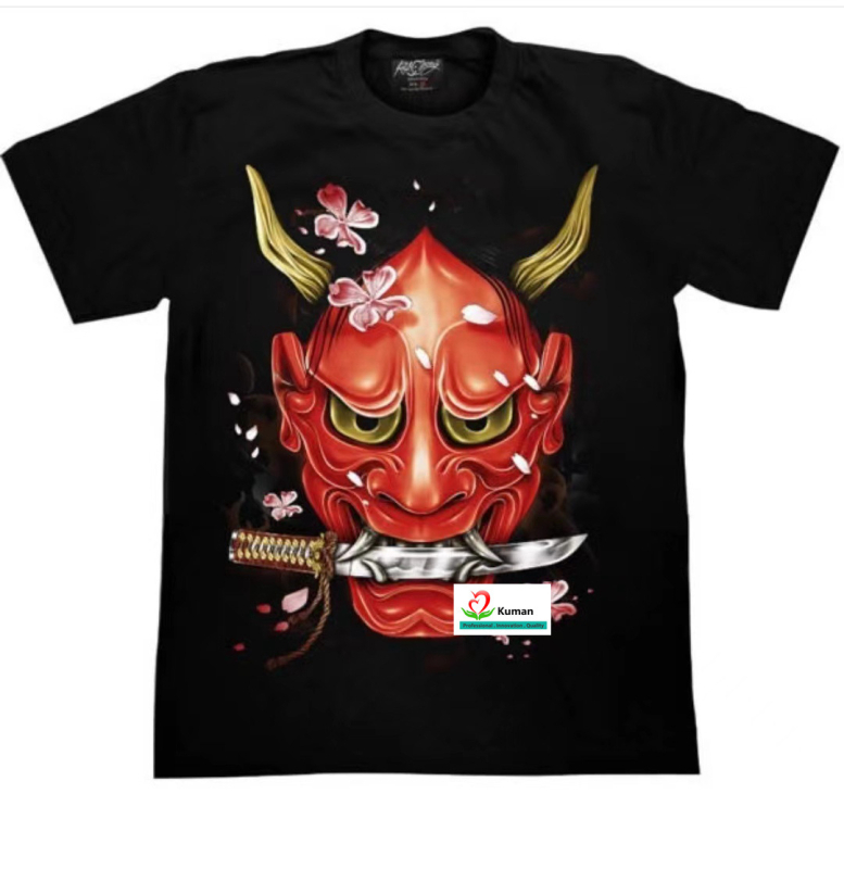 Férfi laza szabású környakú rövid ujjú póló, 3D démon-totem mintával, poliészter anyag, nyár 2024.