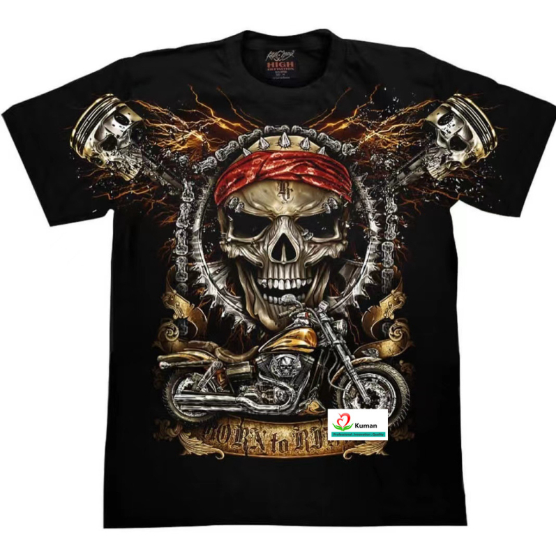 Férfi laza szabású környakú rövid ujjú póló, 3D démon-totem mintával, poliészter anyag, nyár 2024.