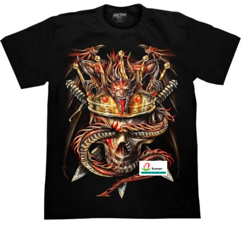 Férfi laza szabású környakú rövid ujjú póló, 3D démon-totem mintával, poliészter anyag, nyár 2024.