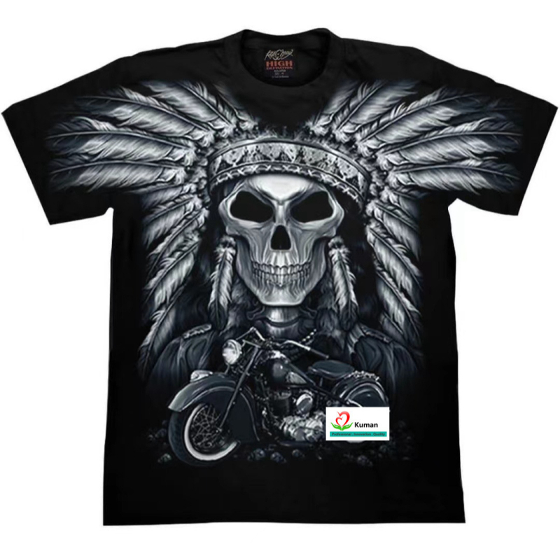 Férfi laza szabású környakú rövid ujjú póló, 3D démon-totem mintával, poliészter anyag, nyár 2024.