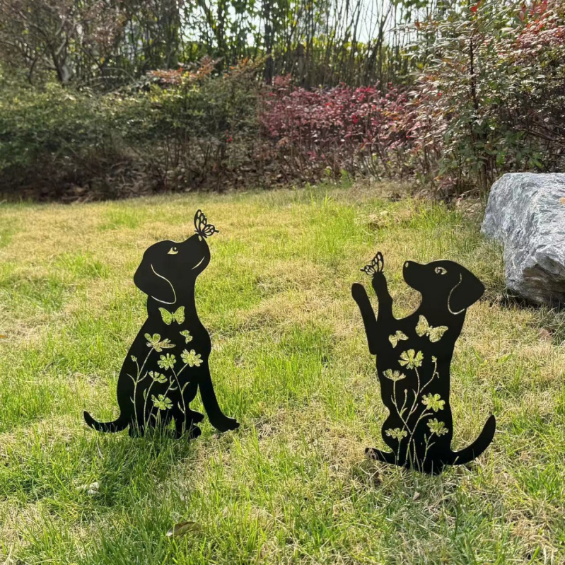 Κήπος μεταλλικά γλυπτά σκύλου και γάτας, σίδερο, παστρολ στυλ, Fanbao