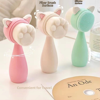 Mina βούρτσα καθαρισμού προσώπου από σιλικόνη με σχέδιο γάτας – διπλής όψης χειροκίνητη, απαλές ίνες