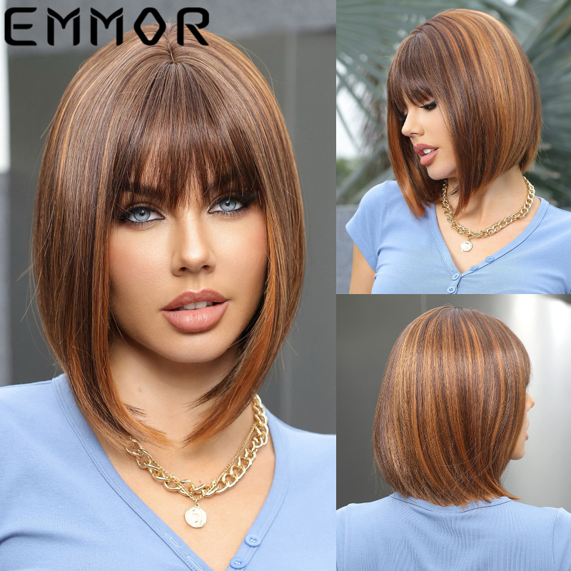 Emmor LC9059 перука, къса права коса с Qi челка, домашна коприна, може да се боядисва, подмладяващ изглед