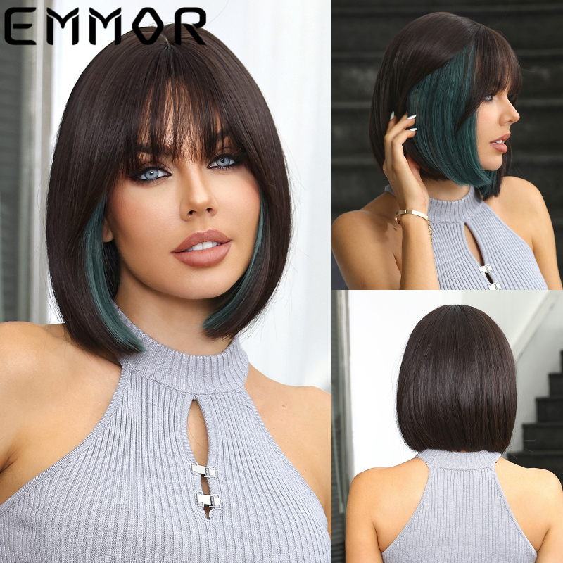 Emmor LC9059 перука, къса права коса с Qi челка, домашна коприна, може да се боядисва, подмладяващ изглед