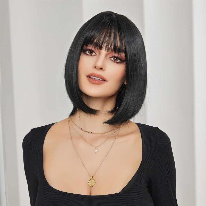 Emmor LC9059 перука, къса права коса с Qi челка, домашна коприна, може да се боядисва, подмладяващ изглед