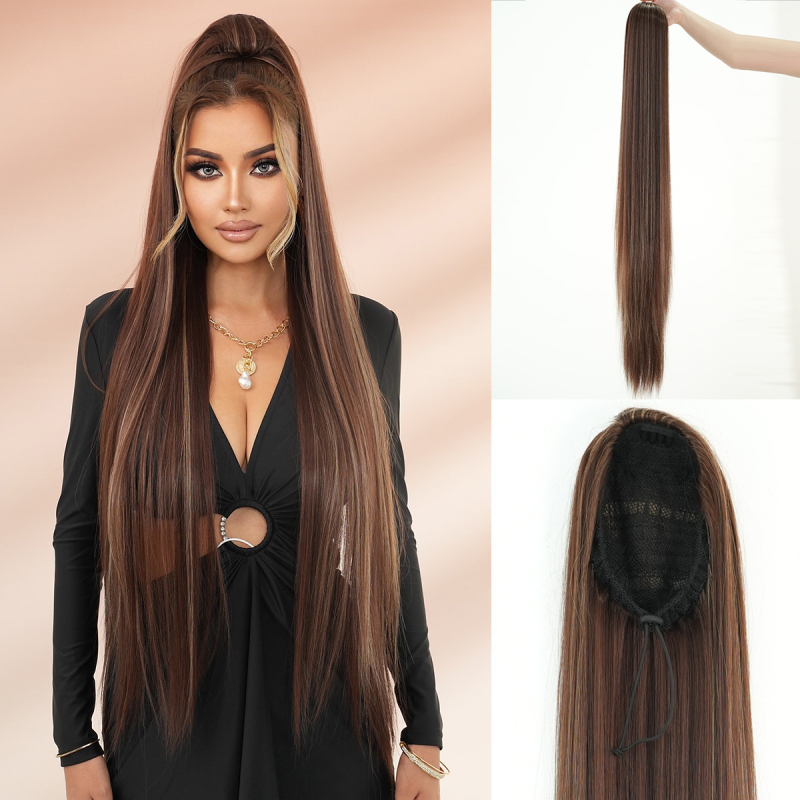 Ilga taisna ponijuļu parūka ar auklu un elastīgu tīklu, zīda mati, piemērota krāsošanai un veidošanai