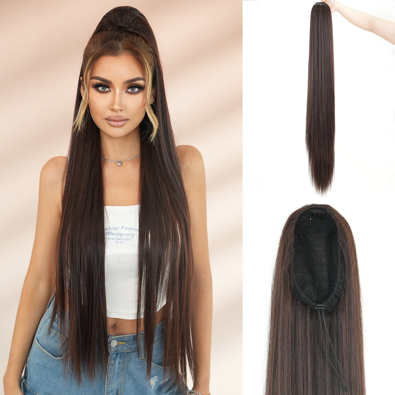 Ilga taisna ponijuļu parūka ar auklu un elastīgu tīklu, zīda mati, piemērota krāsošanai un veidošanai