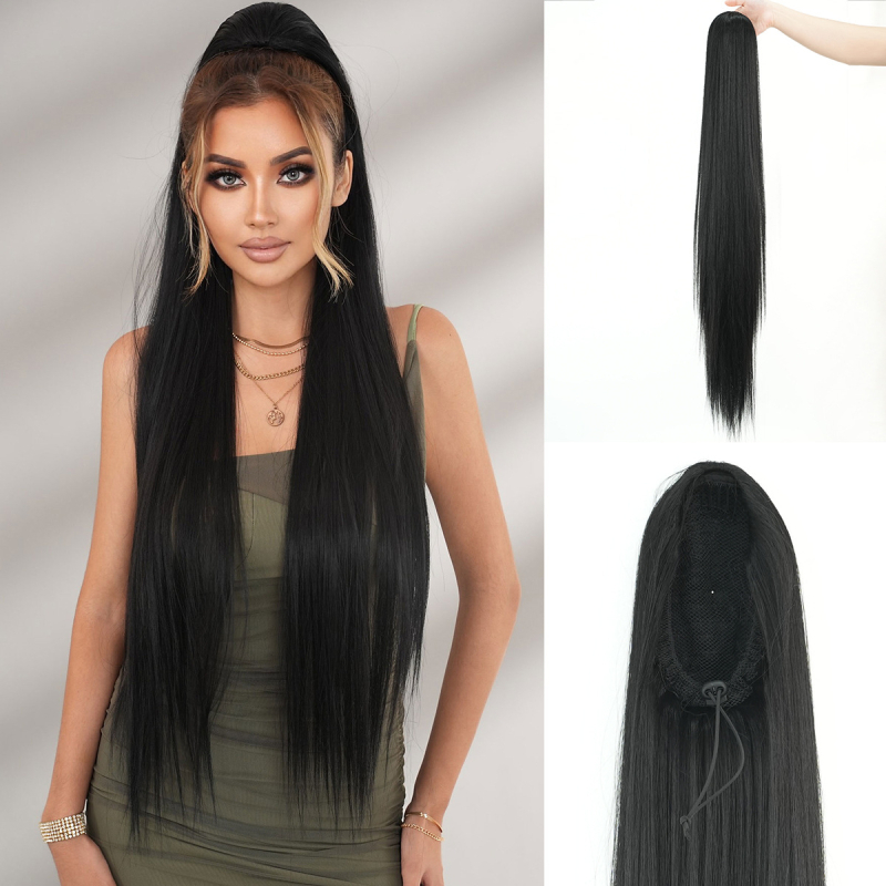 Ilga taisna ponijuļu parūka ar auklu un elastīgu tīklu, zīda mati, piemērota krāsošanai un veidošanai